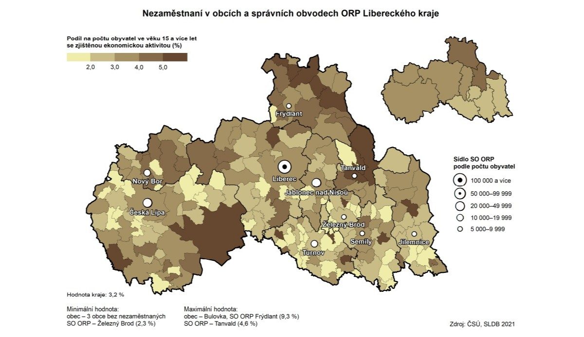 Nezaměstnanost v Libereckém kraji je vyšší na Frýdlantsku, Tanvaldsku a v Ralsku na Českolipsku | Zdroj: ČSÚ