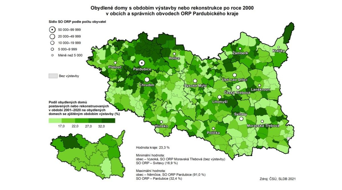 Z mapy podílu obydlených domů v Pardubickém kraji je jasně vidět dynamicky rostoucí zástavba severně od Pardubic, ale třeba i na Kralicku | Zdroj: ČSÚ