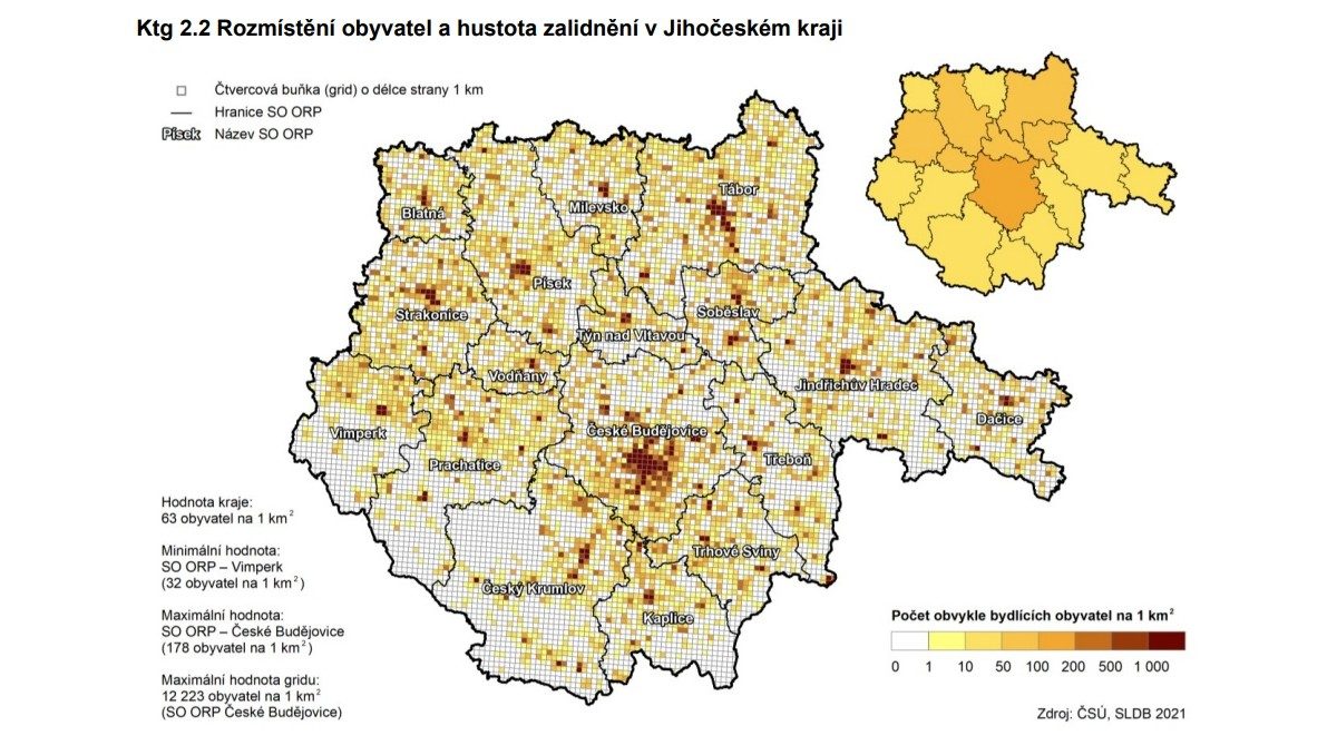 Hustota zalidnění Jihočeského kraje | Zdroj: ČSÚ