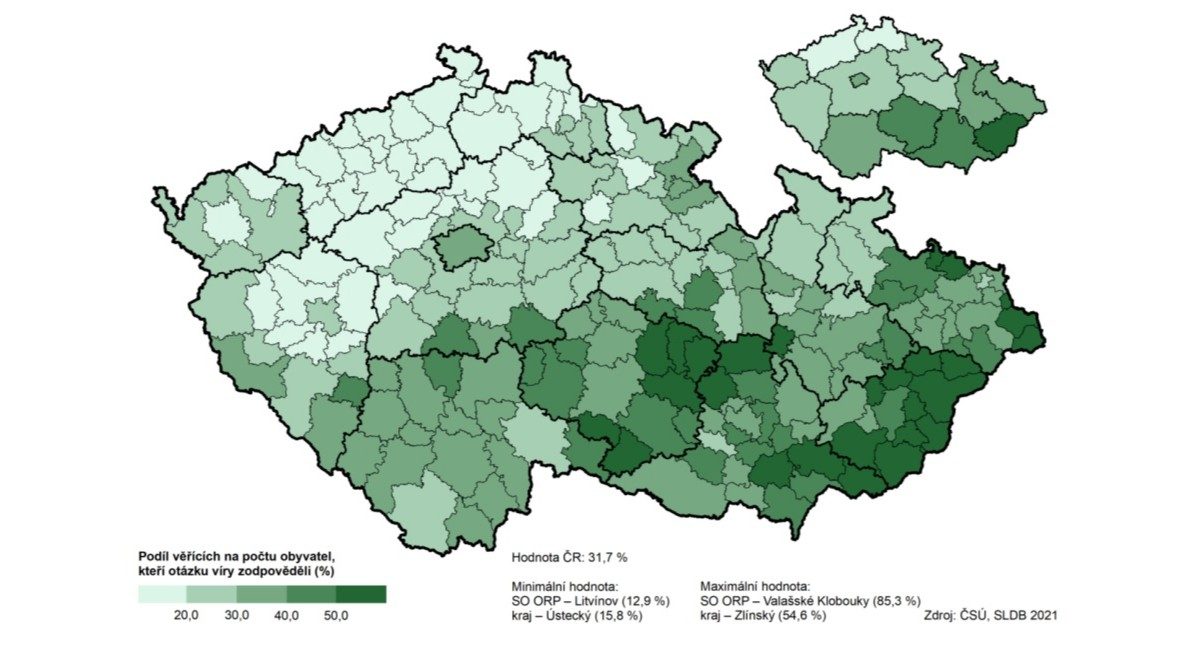 Podíl věřících na počtu obyvatel v jednotlivých krajích | Zdroj: ČSÚ