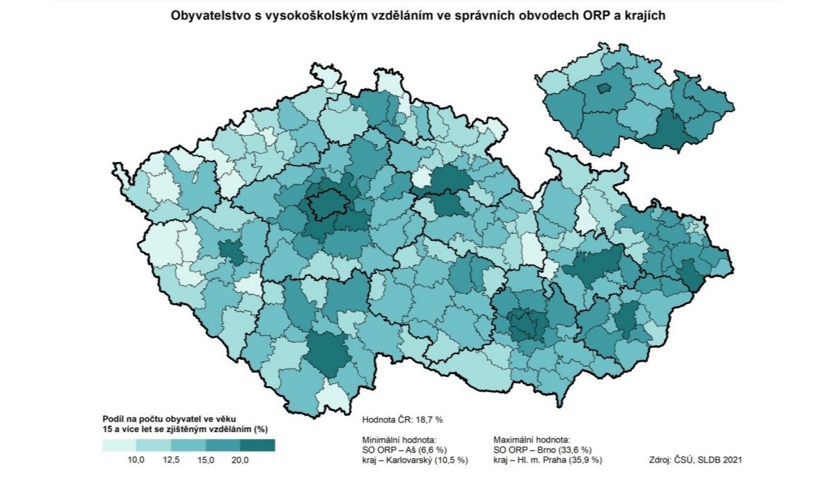 Regionální rozmístění vysokoškolsky vzdělaných | Zdroj: ČSÚ